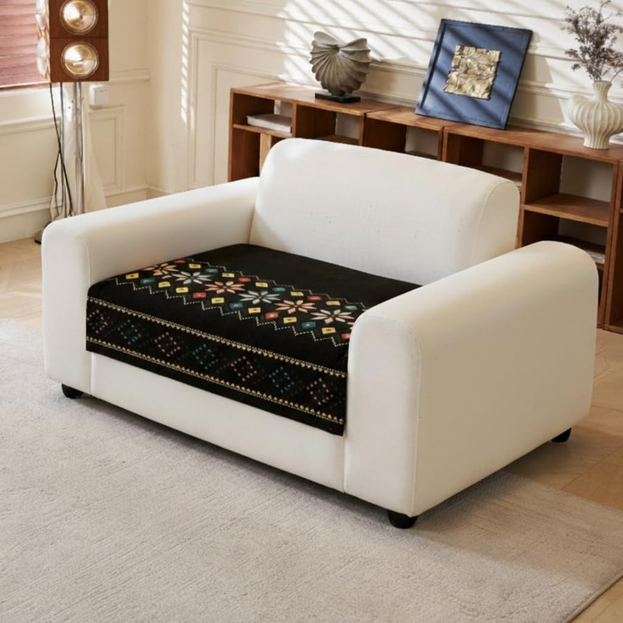 Rangoli Series Chenille Bohemia Couch Cover Quilted Non-Slip Washable Sofa Slipcover (Black)