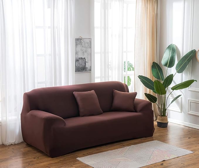 Polyester Spandex Plain Sofa Cover (Brown)
