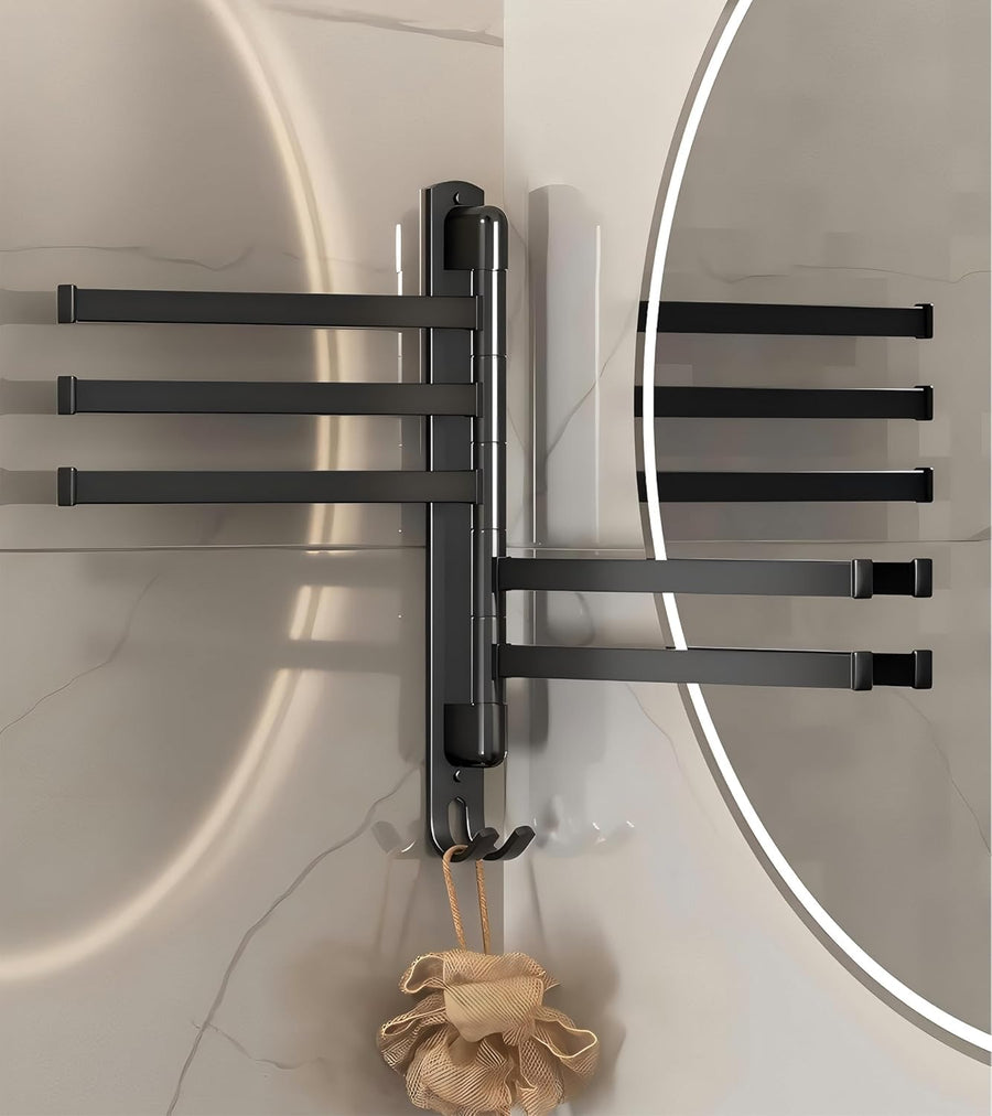 Self Adhesive Rotating Towel Rail, Wall Mounted Towel Rack with 3 Swivel Bars (Black)