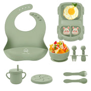 9 Pcs Silicone Baby Feeding Set | Car Divided Plate & Bowl, Spoons, Forks & Bib