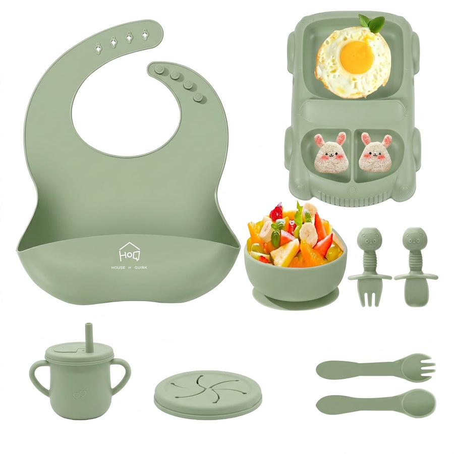9 Pcs Silicone Baby Feeding Set | Car Divided Plate & Bowl, Spoons, Forks & Bib
