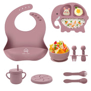 9-Piece Silicone Baby Feeding Set | Elephant Divided Plate, Bowl, Spoon, Fork & Bib