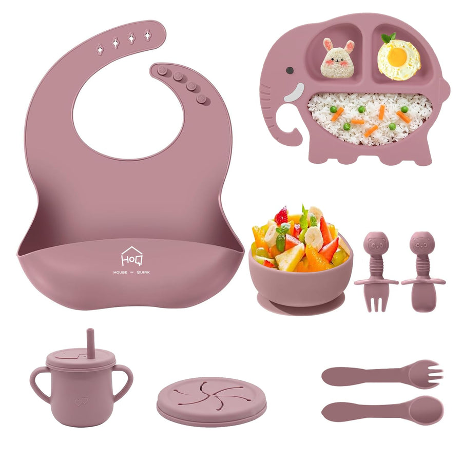 9-Piece Silicone Baby Feeding Set | Elephant Divided Plate, Bowl, Spoon, Fork & Bib