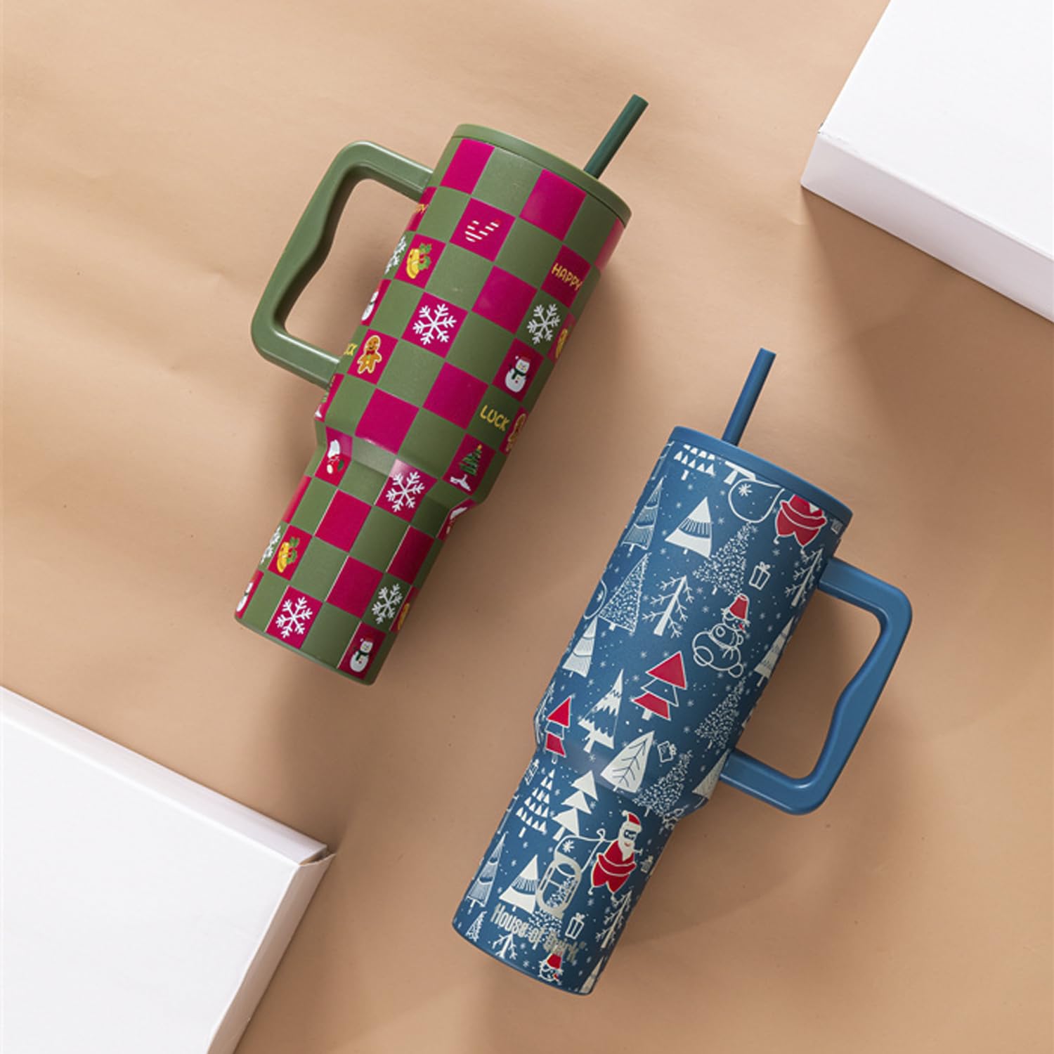 1200ML Stainless Steel Tumbler Hot and Cold with Handle and Lid 2 Straw