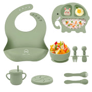 9-Piece Silicone Baby Feeding Set | Elephant Divided Plate, Bowl, Spoon, Fork & Bib