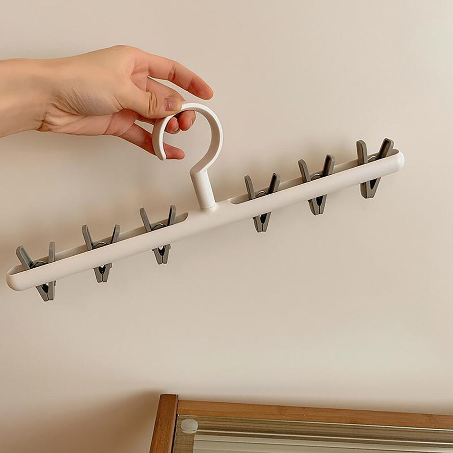 360° Rotating Hat Organizer with Clips Hanging Rack for Caps, Socks & Clothes – White