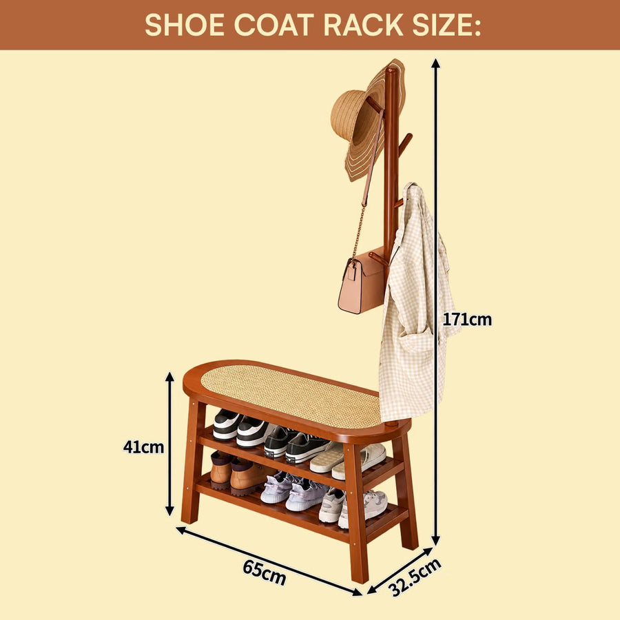 Bamboo Shoe Rack Bench with 4 Hook Coat Rack - Brown