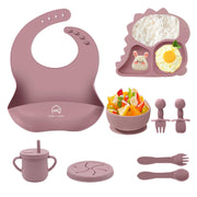 9 Pcs Silicone Baby Feeding Set | Dinosaur Divided Plate, Bowl, Spoons, Forks & Bib