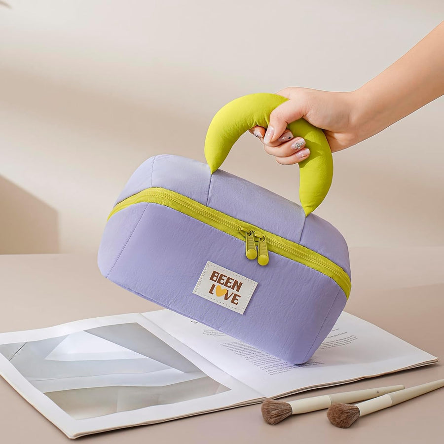 Travel Makeup Bag for Women – Lay Flat Cosmetic Bag with Compartments, Handle