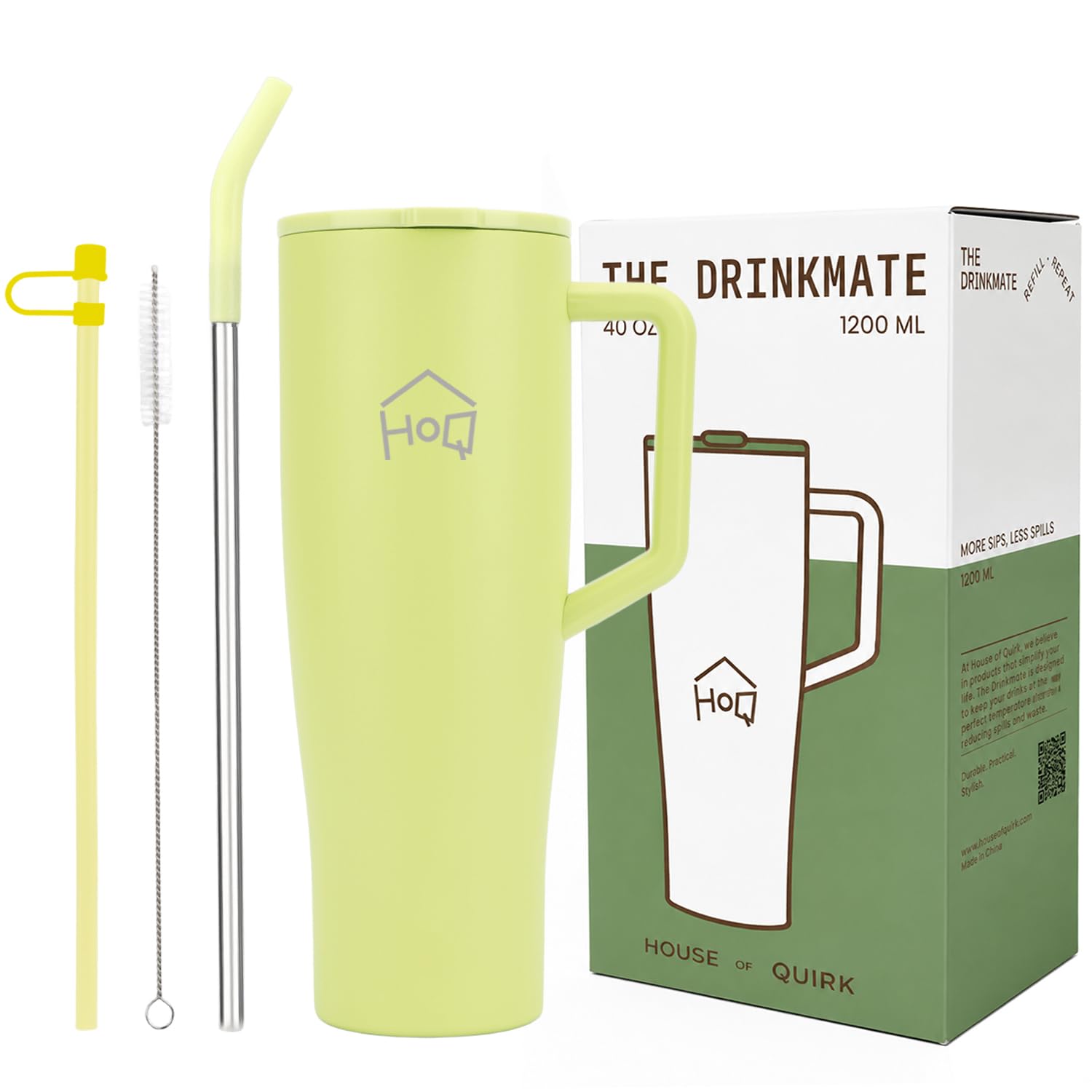 1200ML Stainless Steel Tumbler with Handle and 2 Straw Flip Lid Hot & Cold Bottle
