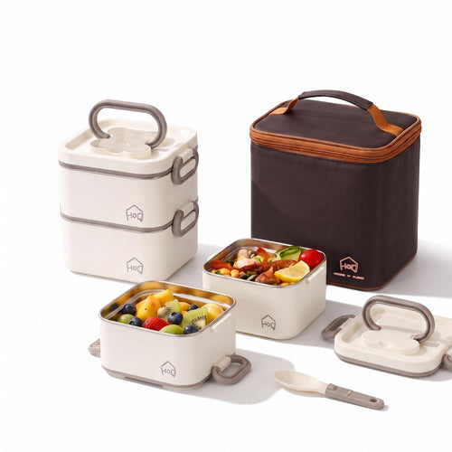 304 Stainless Steel Lunch Box, 2 Containers with 1 Divider (Beige)