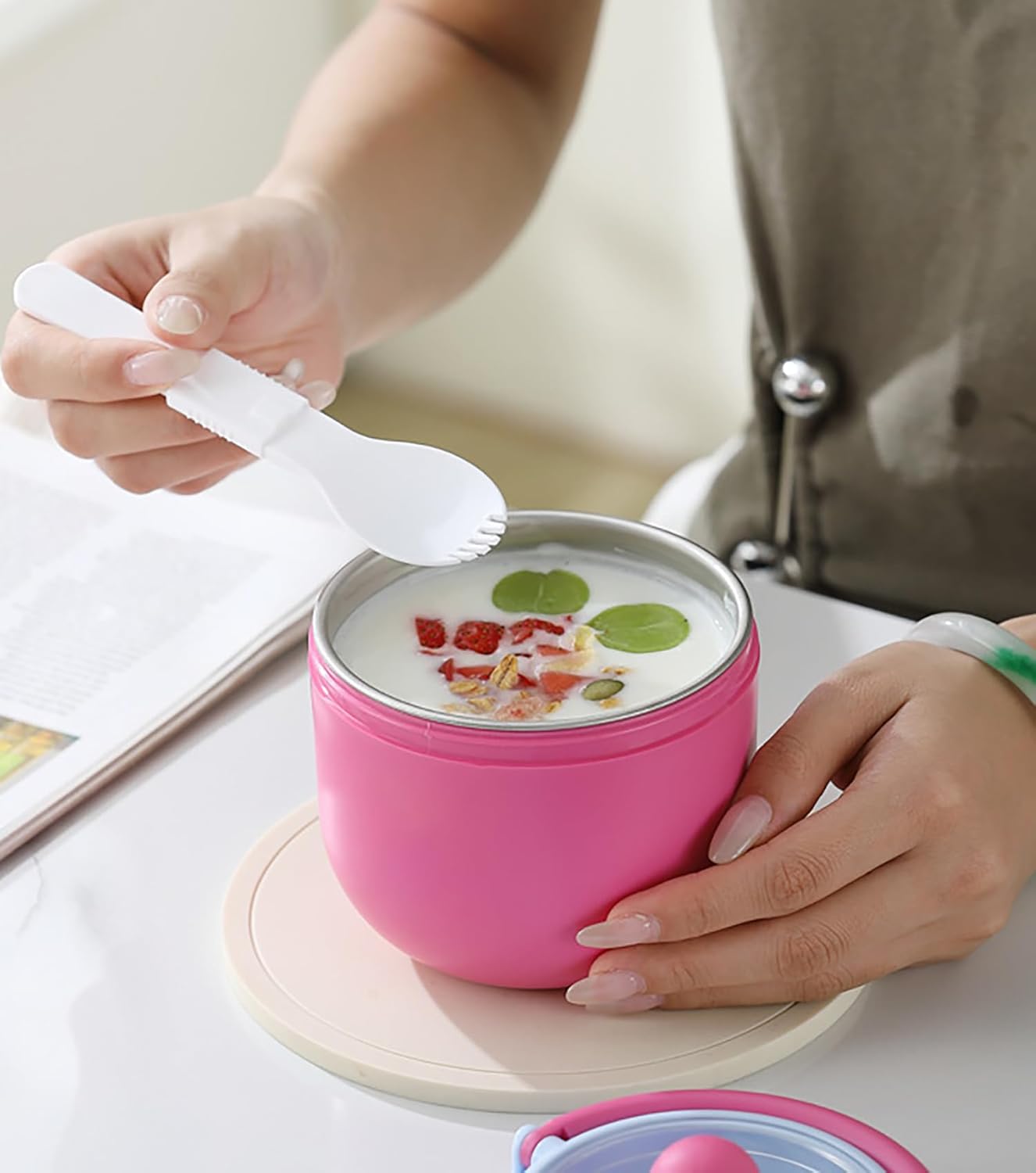 304 Stainless Steel Breakfast Cup with Lid & Spoon