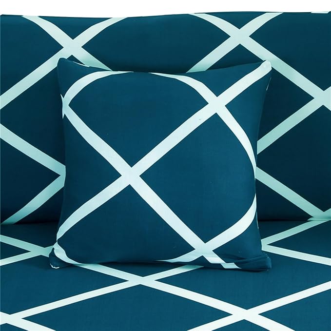 Polyester Spandex Printed Sofa Cover (Dark Blue Diamond)