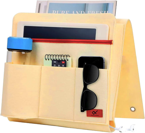 Bedside Caddy, 5 Pockets Remote Control Holder Bed Sofa storage organizer Side Pocket Large (Beige)