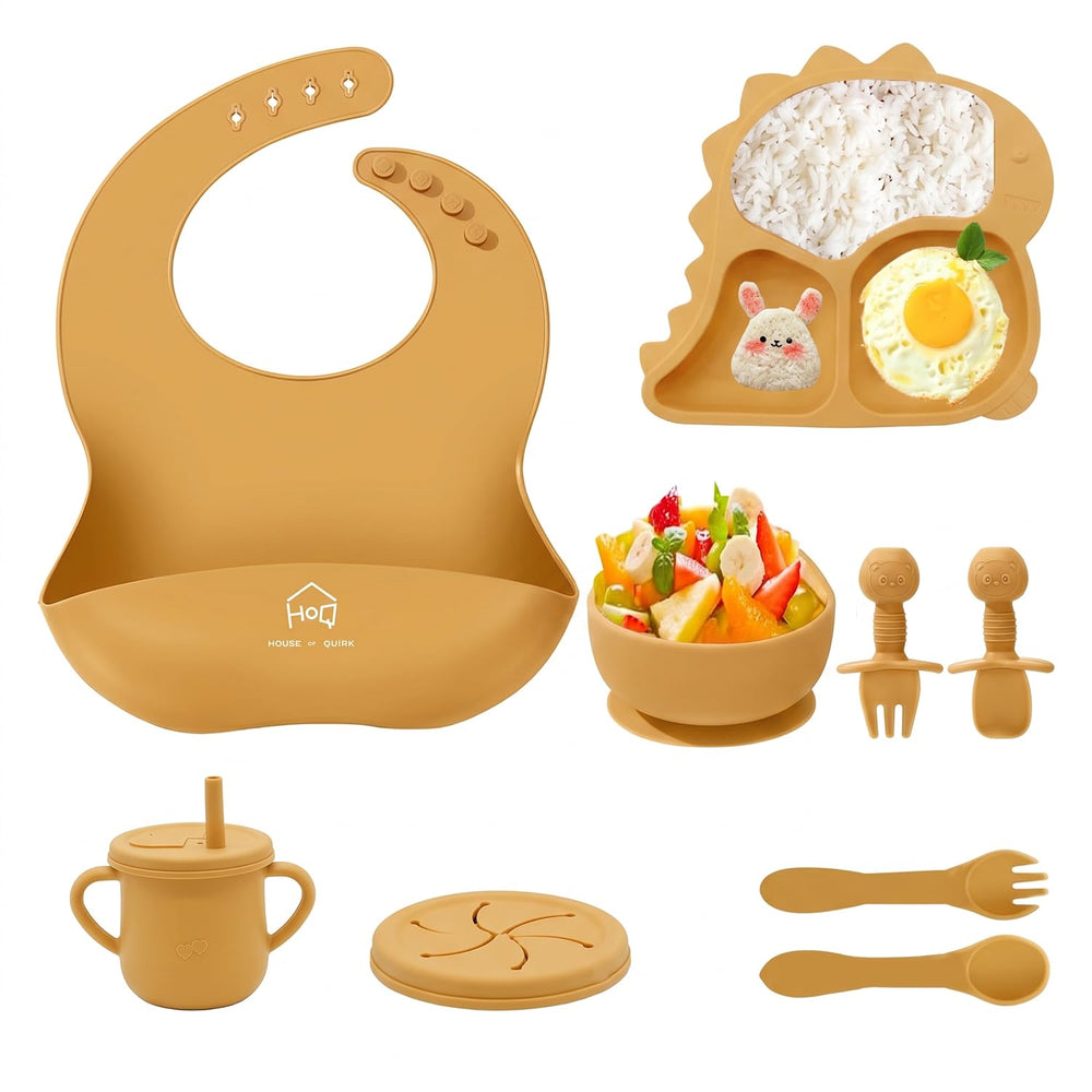 9 Pcs Silicone Baby Feeding Set | Dinosaur Divided Plate, Bowl, Spoons, Forks & Bib