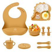 9 Pcs Silicone Baby Feeding Set | Dinosaur Divided Plate, Bowl, Spoons, Forks & Bib