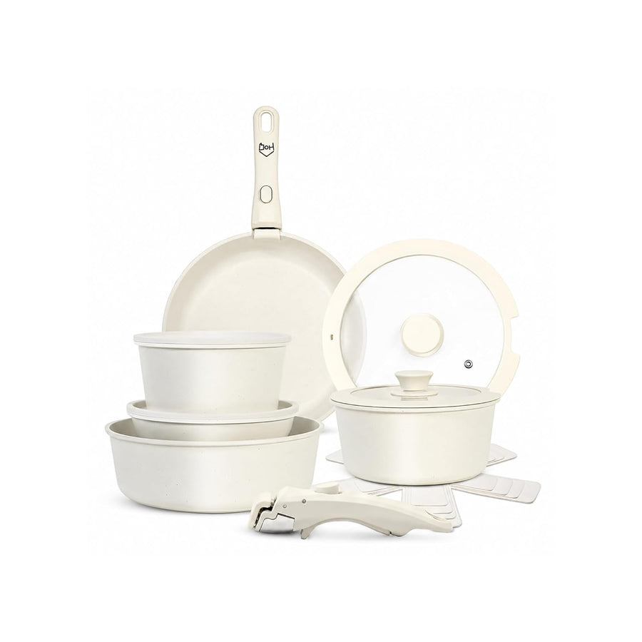 15-Piece Maifan Stone Nonstick Cookware Set with Detachable Handle Granite Beige