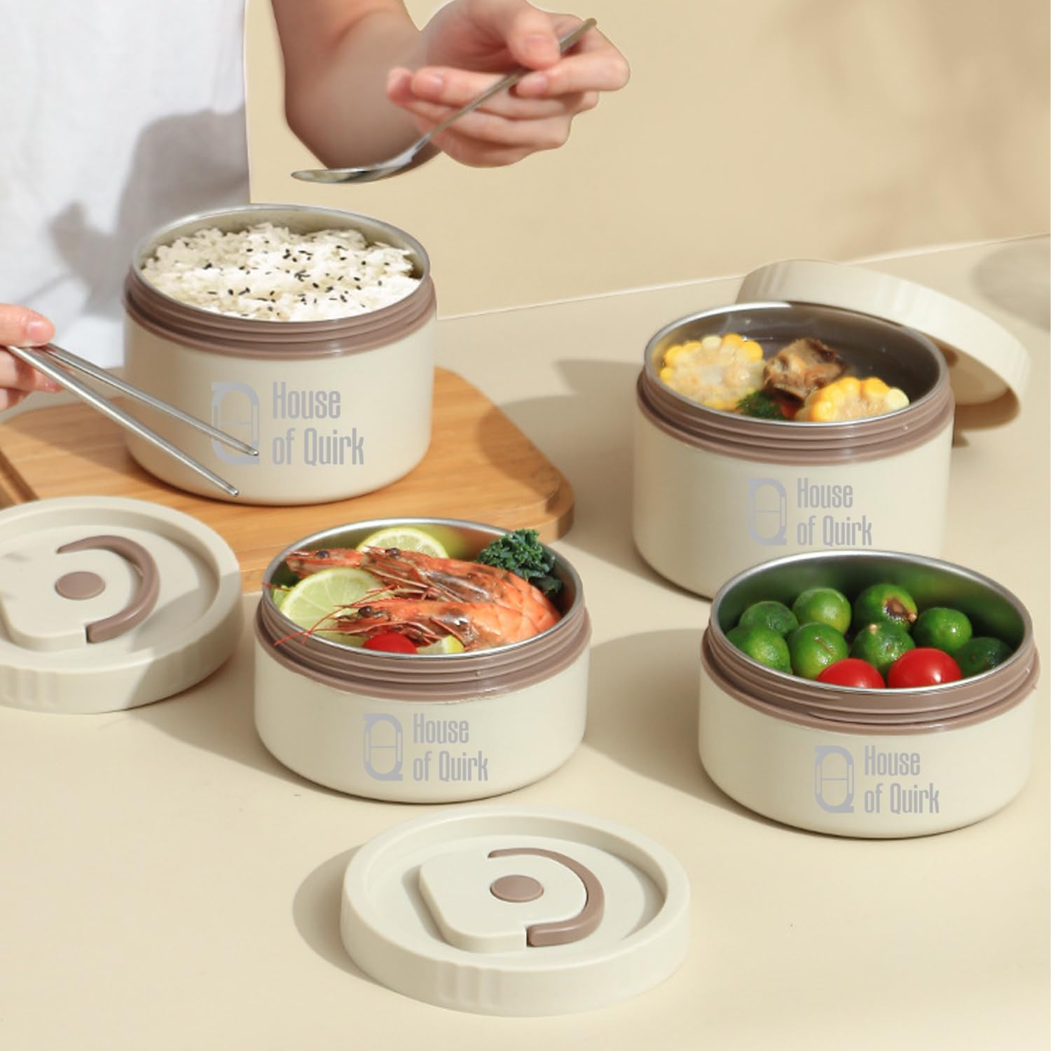 304 Stainless Steel Bento Lunch Box – 2 Stackable Containers with Insulated Thermal Case (Beige)