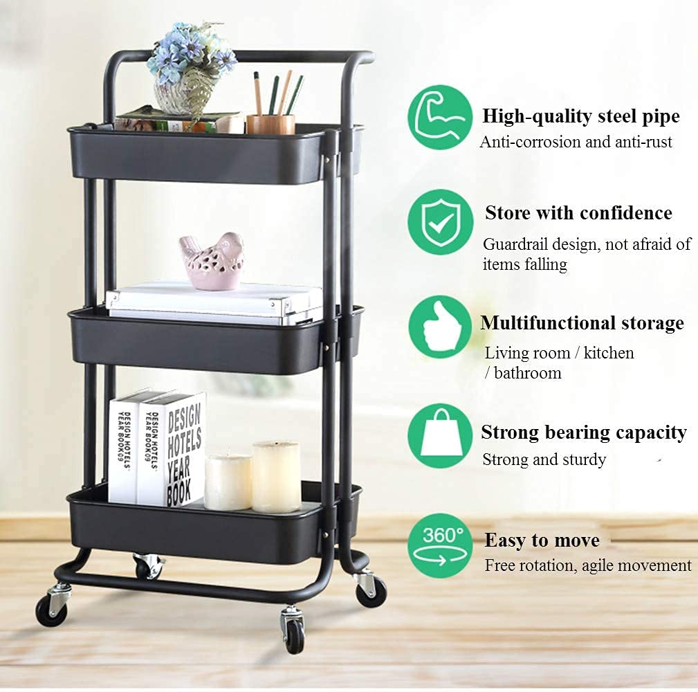 3 Tier Storage Trolley Metal Utility Trolley Storage Trolley, Multi-Purpose - (Black)