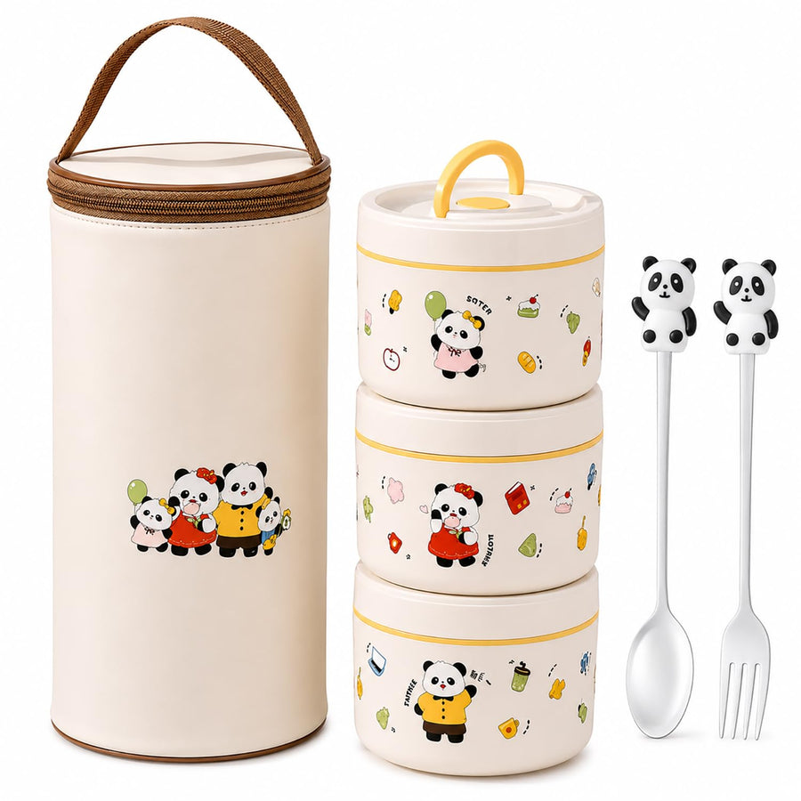 Panda Printed Lunch Box 1500ml | 304 Stainless Steel 3 Container Insulated Tiffin Box (Panda Beige)