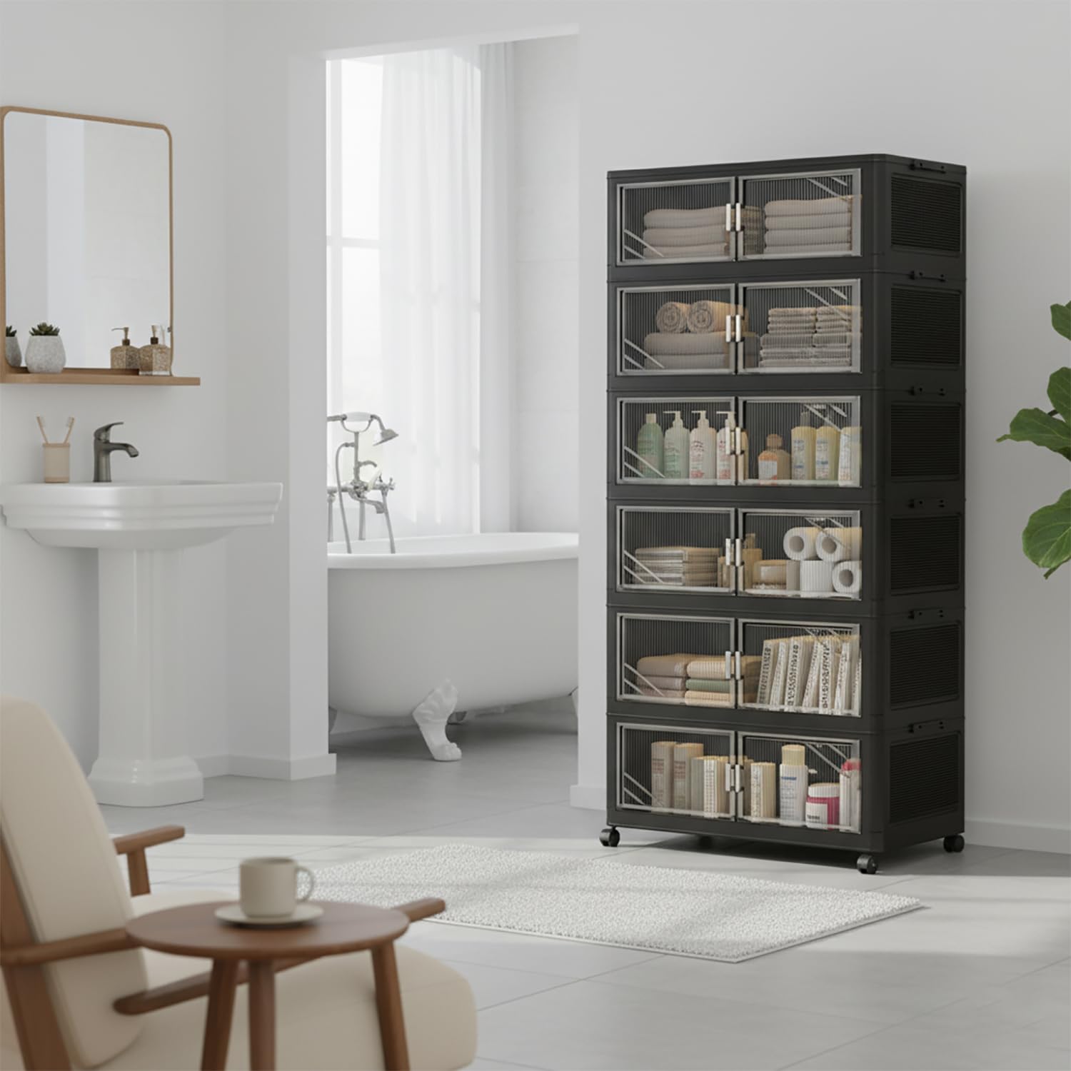 Foldable Storage Box with Wheels & Transparent Windows (Black, 62cm)