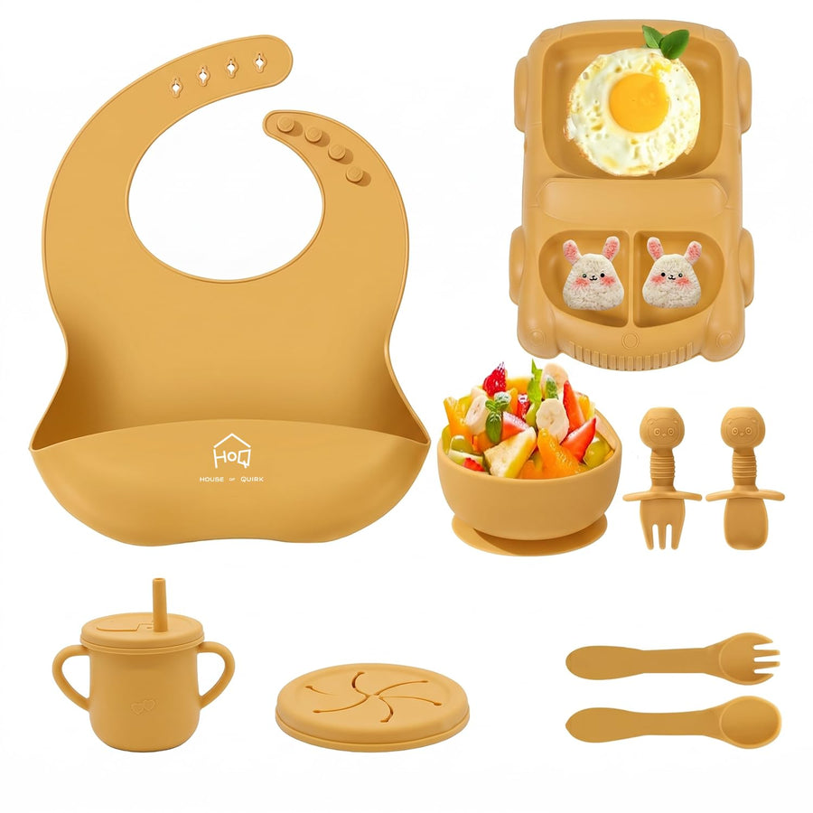 9 Pcs Silicone Baby Feeding Set | Car Divided Plate & Bowl, Spoons, Forks & Bib