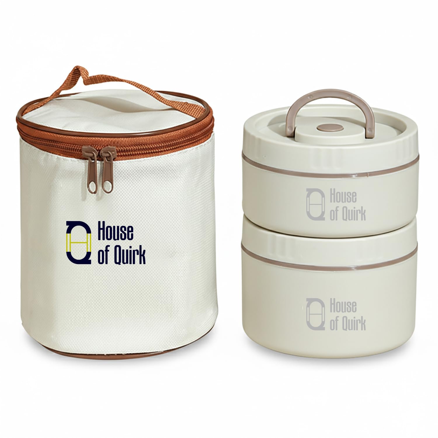 304 Stainless Steel Bento Lunch Box – 2 Stackable Containers with Insulated Thermal Case (Beige)