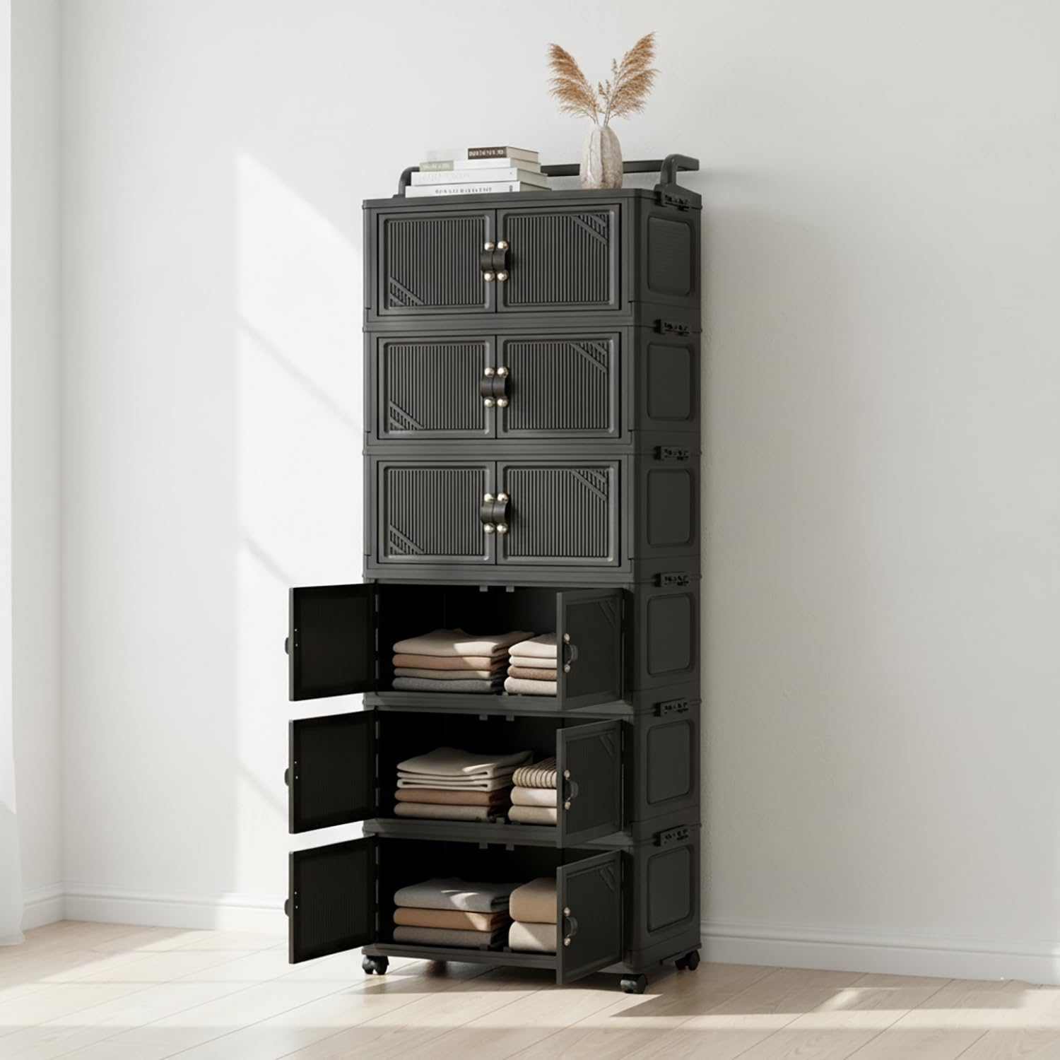 Foldable Storage Box Cart with Handle & Wheels (Black)