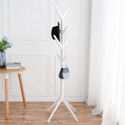 Standing Tree Shaped Coat Rack Hanger Stand with 4 Tiers 8 Hooks - Bamboo White