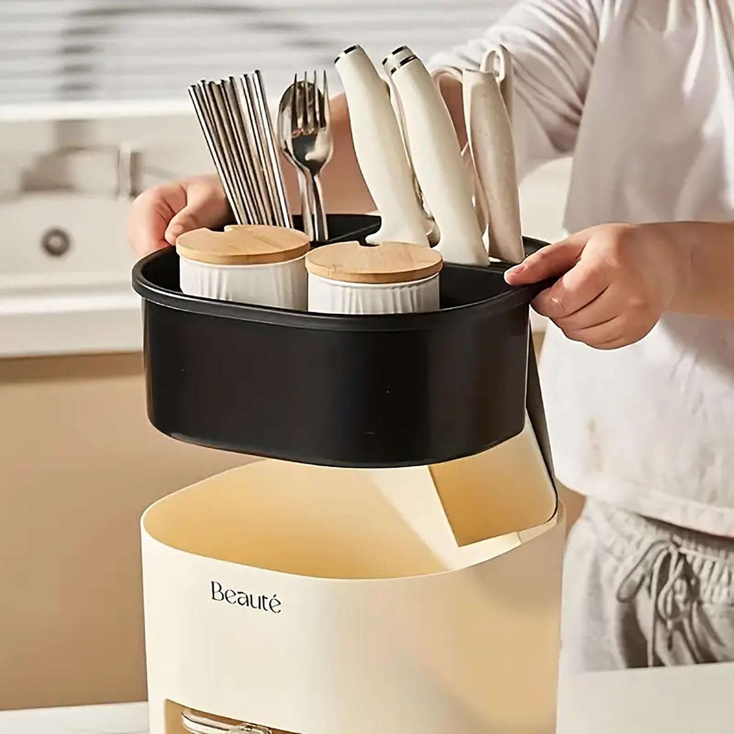 Multifunctional Kitchen Utensil Holder for Countertop Organizer (Beige)