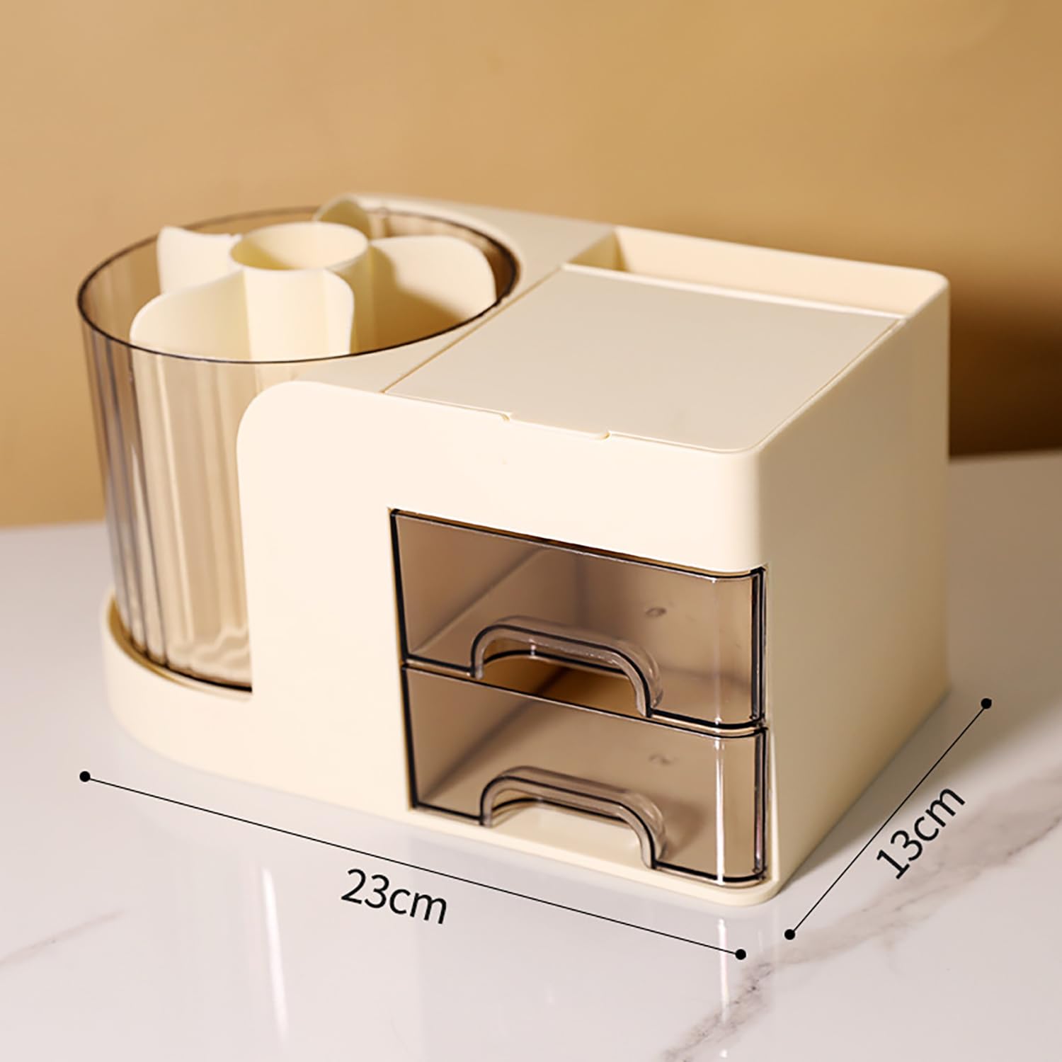 360° Rotating Desk Organizer with Mirror, 2 Drawers & 7 Slots