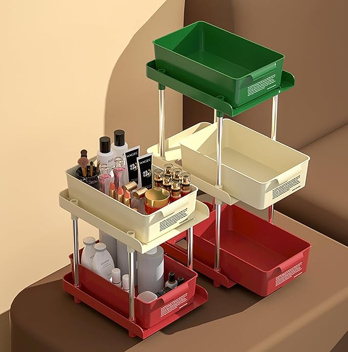 Under Sliding Cabinet Basket Organizer, 2 Layer Organizers (Red/Cream)