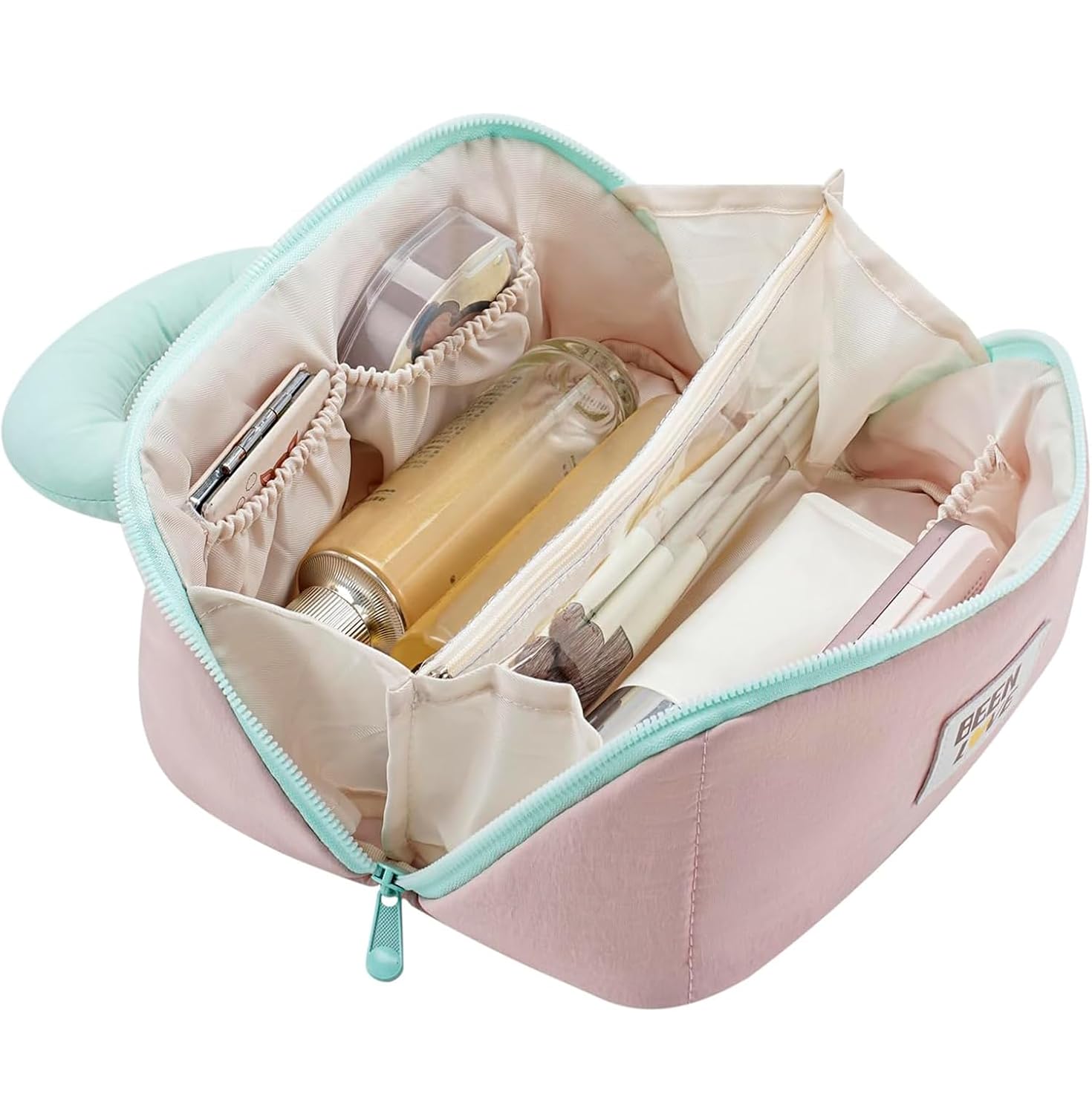 Travel Makeup Bag for Women – Lay Flat Cosmetic Bag with Compartments, Handle