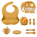 9-Piece Silicone Baby Feeding Set | Elephant Divided Plate, Bowl, Spoon, Fork & Bib