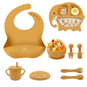 9-Piece Silicone Baby Feeding Set | Elephant Divided Plate, Bowl, Spoon, Fork & Bib
