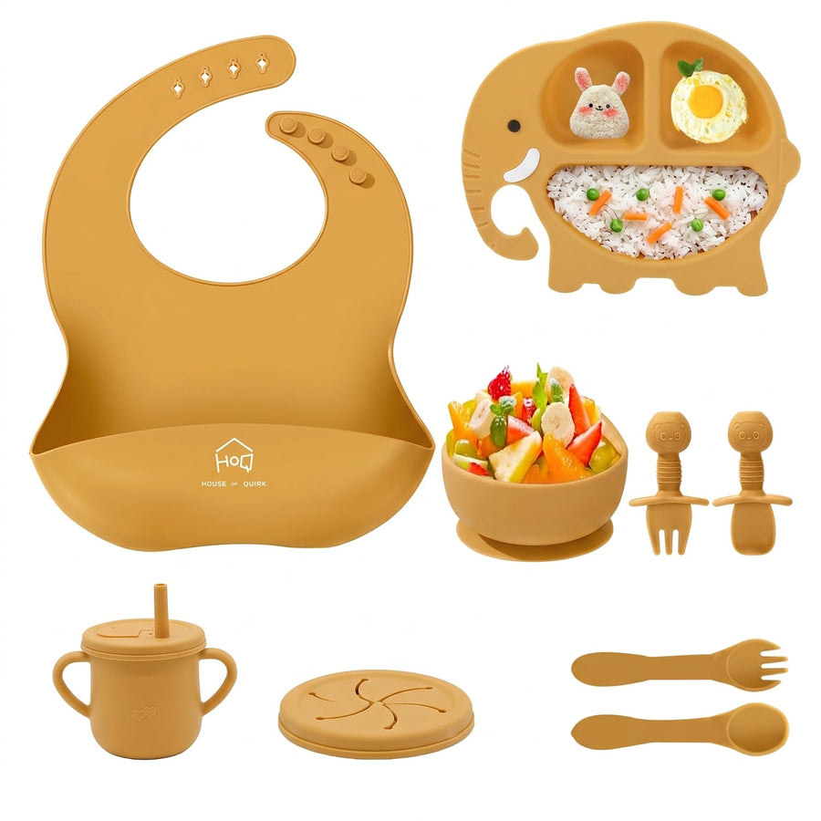 9-Piece Silicone Baby Feeding Set | Elephant Divided Plate, Bowl, Spoon, Fork & Bib