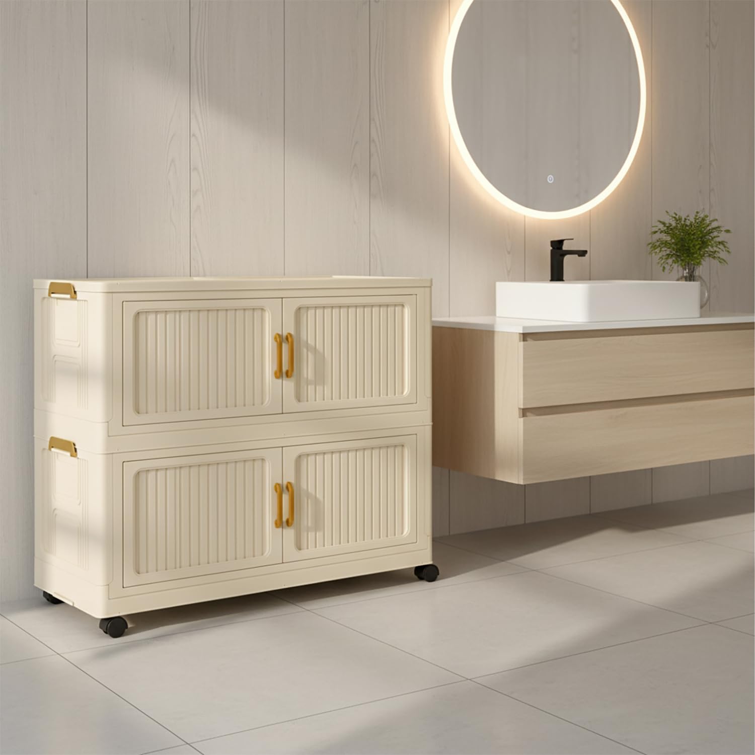 Foldable Storage Box Cabinet with Wheels Multi-Purpose Household Storage (Cream)