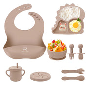 9 Pcs Silicone Baby Feeding Set | Dinosaur Divided Plate, Bowl, Spoons, Forks & Bib