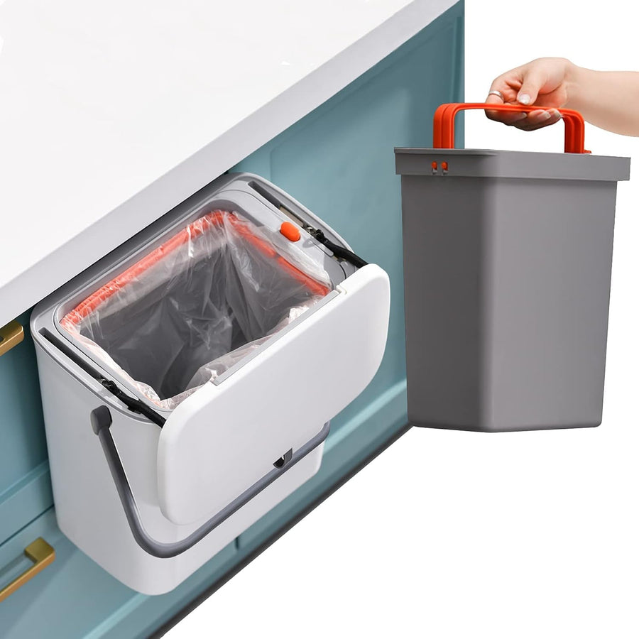 2-in-1 Wall & Cabinet Hanging Trash Can with Lid – 12.2L, Double-Sided Open (White/Grey)