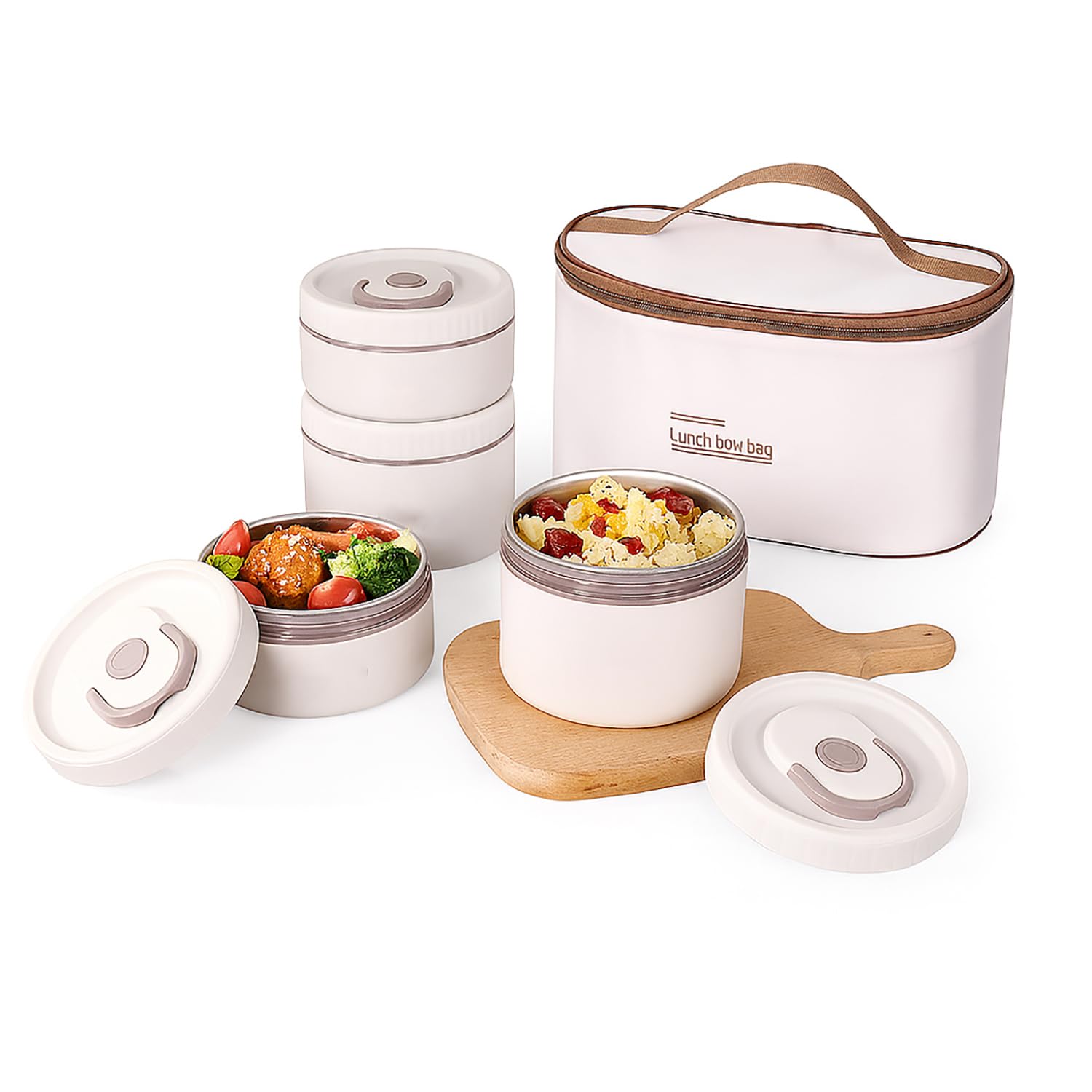 304 Stainless Steel Bento Box with Thermal Case – 4-Tier, Microwave Safe (Beige)