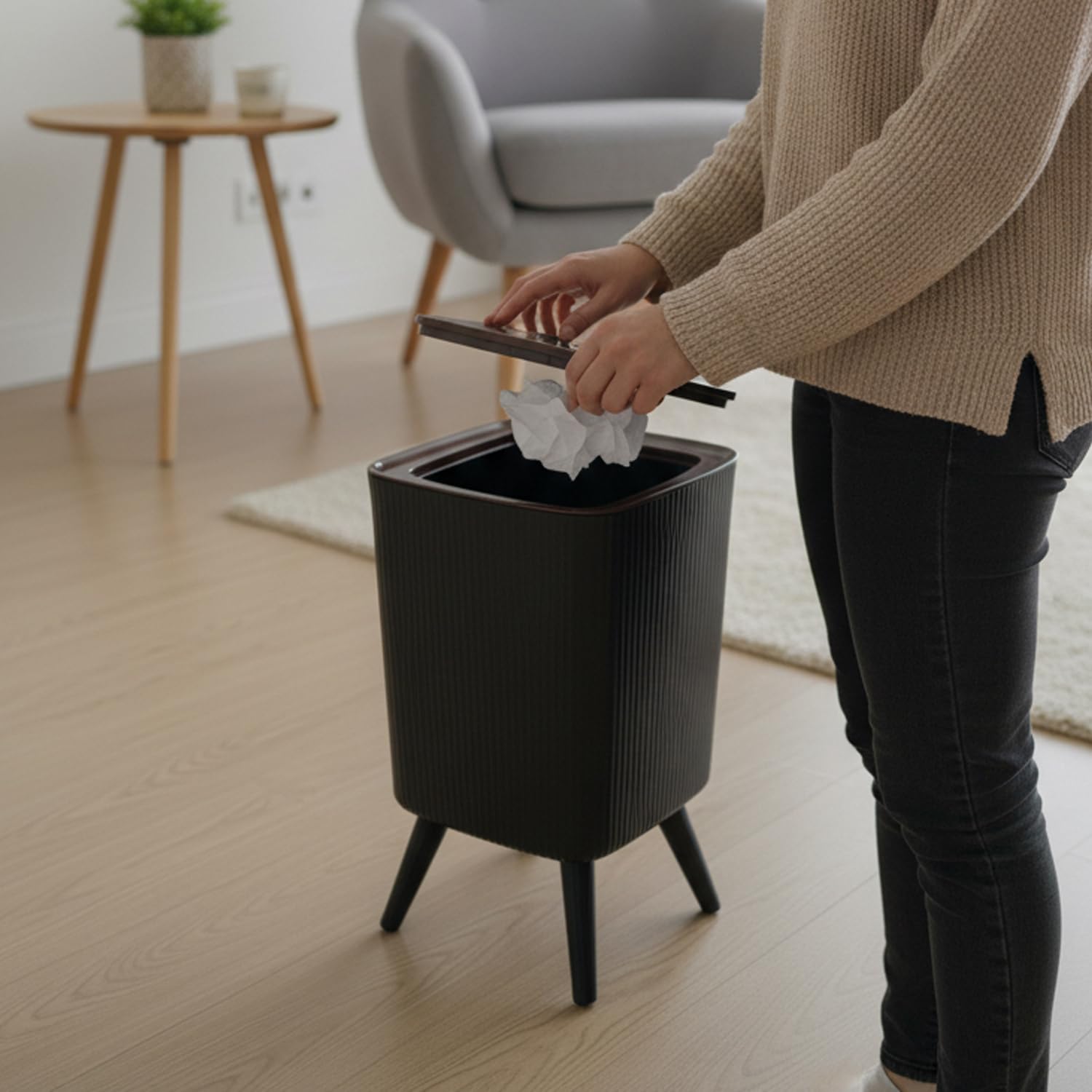 9L Bathroom Trash Can with Lid – Modern Nordic Small Garbage Bin (Black)