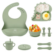 9 Pcs Silicone Baby Feeding Set | Dinosaur Divided Plate, Bowl, Spoons, Forks & Bib