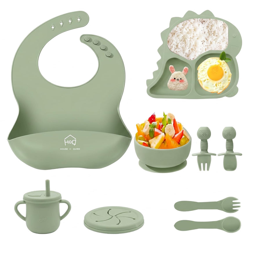 9 Pcs Silicone Baby Feeding Set | Dinosaur Divided Plate, Bowl, Spoons, Forks & Bib