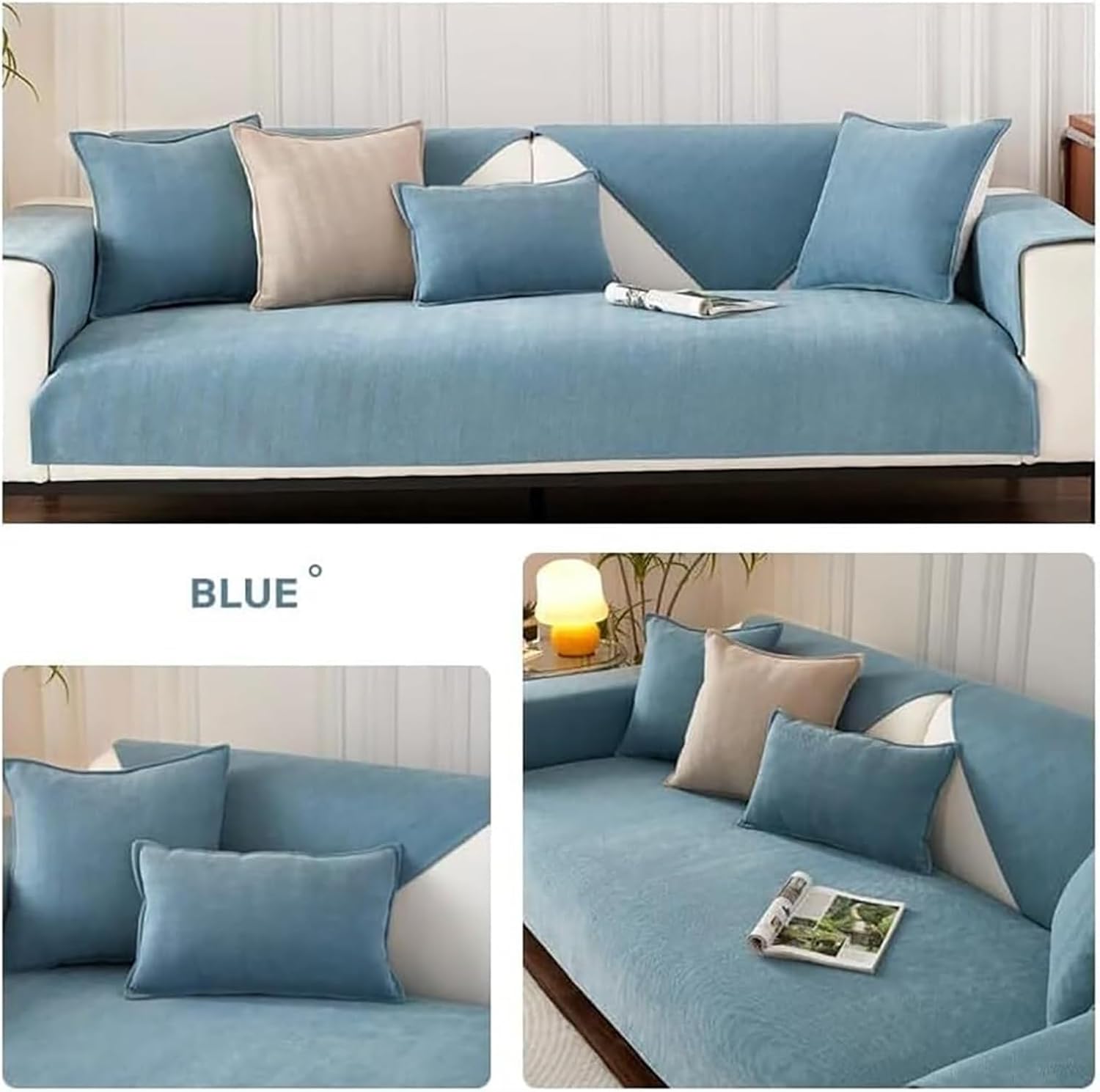 Herringbone Chenille Sofa Cover Set – 3 Pcs (2pc Armrest Covers 50x70cm + 1pc Seat Cover) Blue