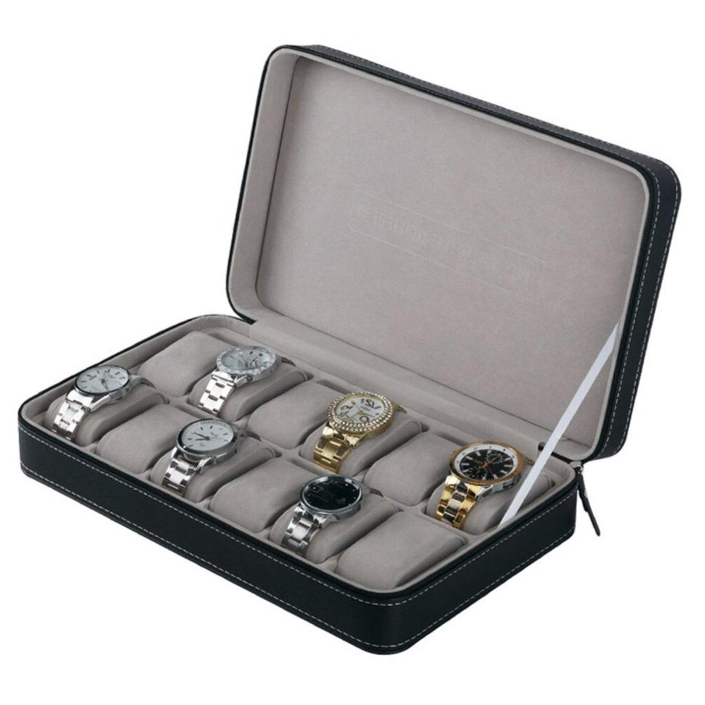 12 Grids PU Leather Travel Watch Storage Case Zipper Wristwatch Box Organizer - Black