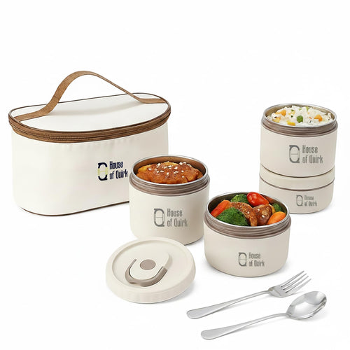 304 Stainless Steel Bento Lunch Box – 4 Stackable Containers with Thermal Case (Beige)