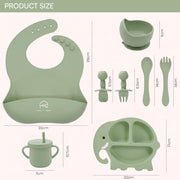 9-Piece Silicone Baby Feeding Set | Elephant Divided Plate, Bowl, Spoon, Fork & Bib
