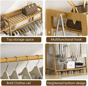 Bamboo Wood Garment Clothing Rack with 5 Tiers Storage Shelf- Tan