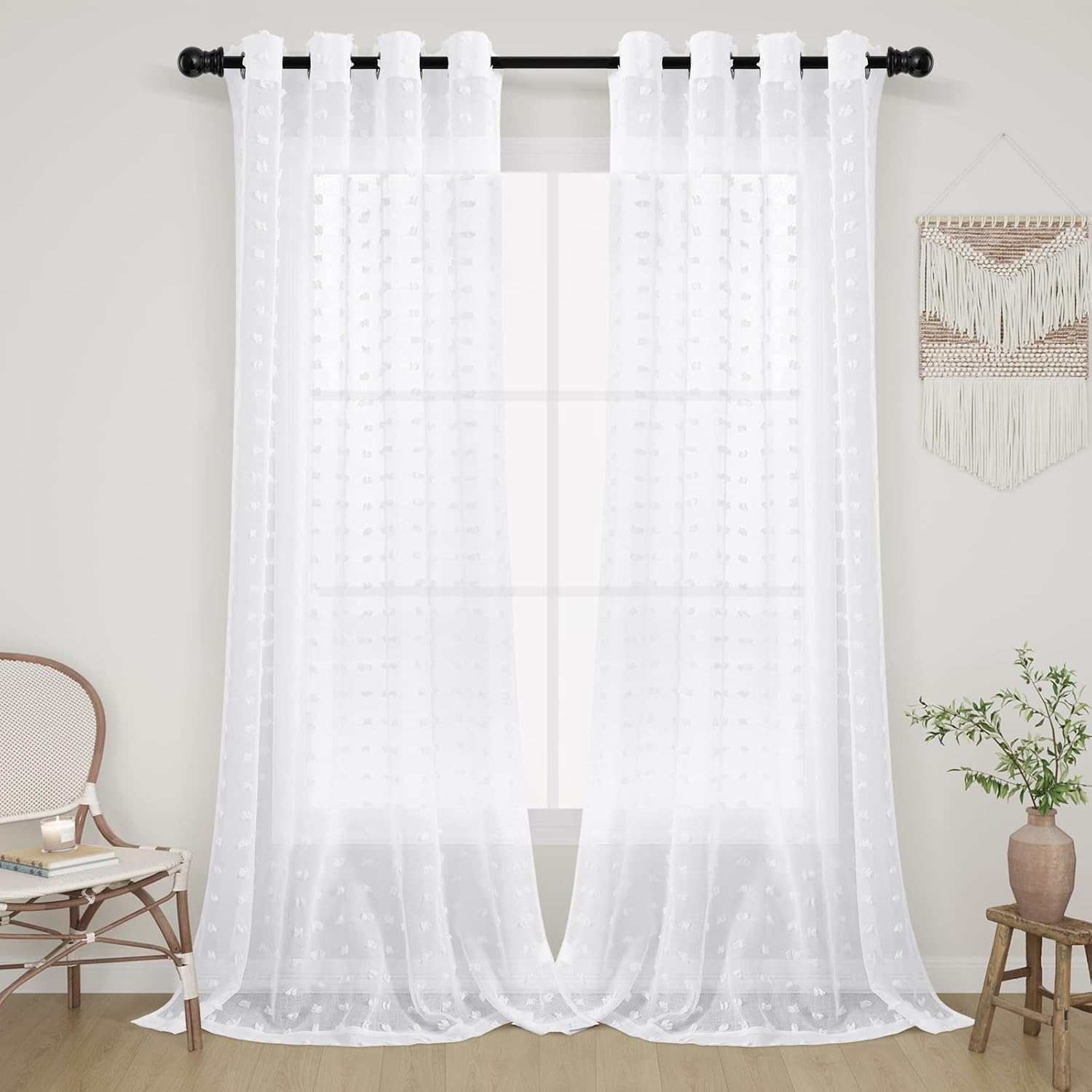 Pom Pom Grommet Sheer Curtains 8 Feet 2 Panels 96 Inch (Pack of 2)
