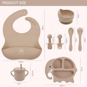 9-Piece Silicone Baby Feeding Set | Elephant Divided Plate, Bowl, Spoon, Fork & Bib